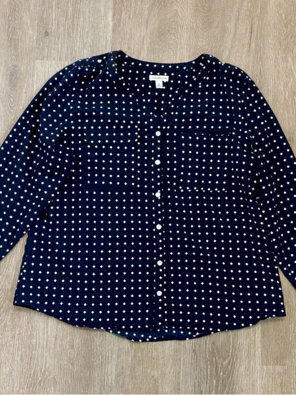 croft & barrow Womens Navy and White Polka Dot Button-Front Blouse